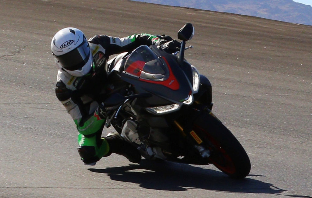 Toby Khamsouk testing on a new Aprilia RS 660 streetbike. Photo courtesy Robem Engineering.