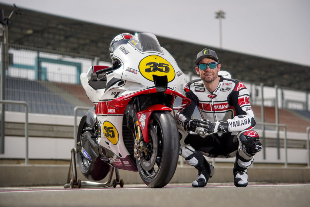 Yamaha MotoGP test rider Cal Crutchlow and his YZR-M1 in special livery to celebrate Yamaha's 60th anniversary in Grand Prix racing. Photo courtesy Yamaha.