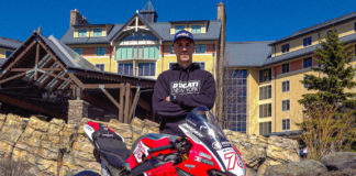 Loris Baz and his new Ducati Panigale V4 R Superbike in front of Mount Airy Casino Resort in Pennsylvania. Photo courtesy Warhorse HSBK Racing Ducati New York.