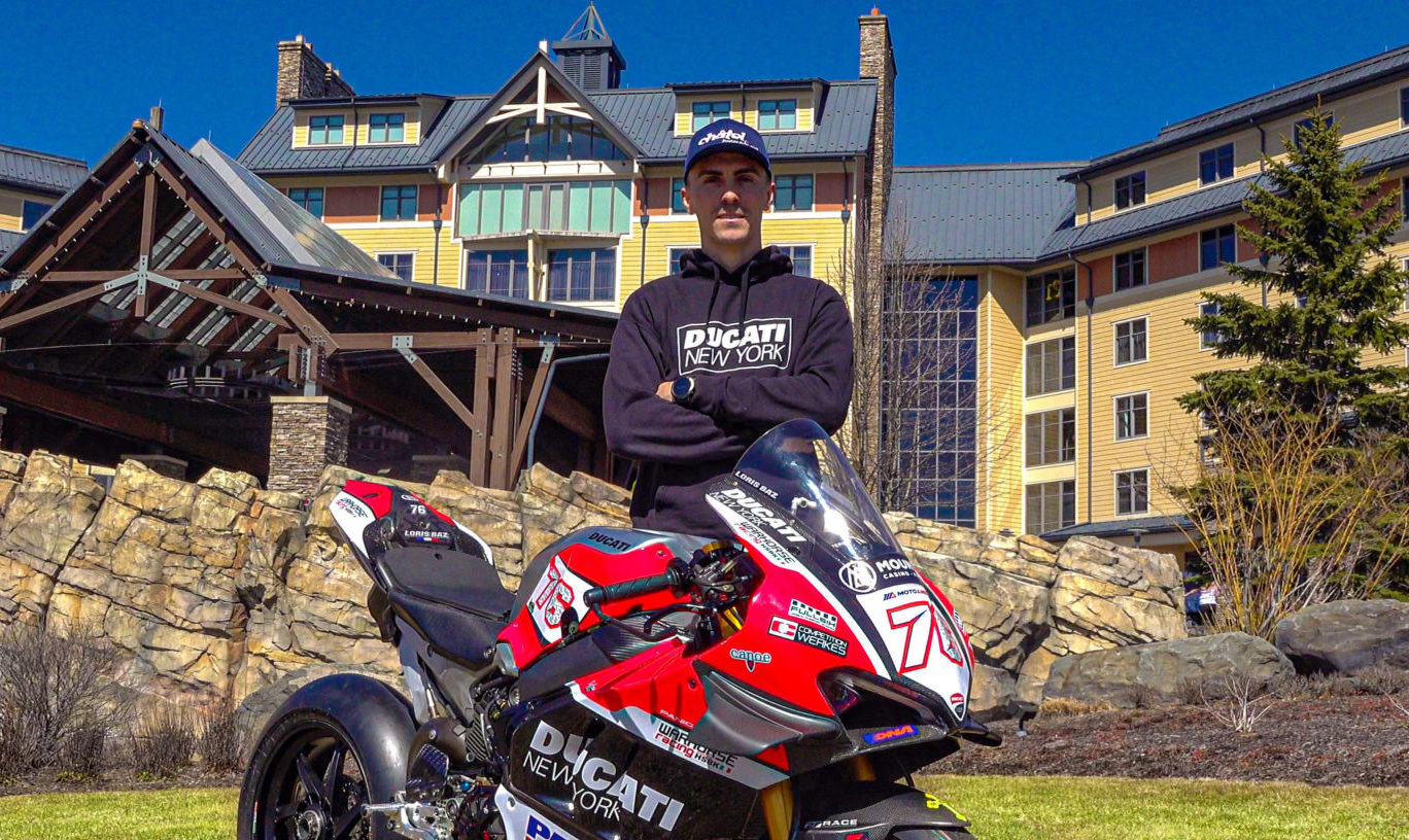 Loris Baz and his new Ducati Panigale V4 R Superbike in front of Mount Airy Casino Resort in Pennsylvania. Photo courtesy Warhorse HSBK Racing Ducati New York.