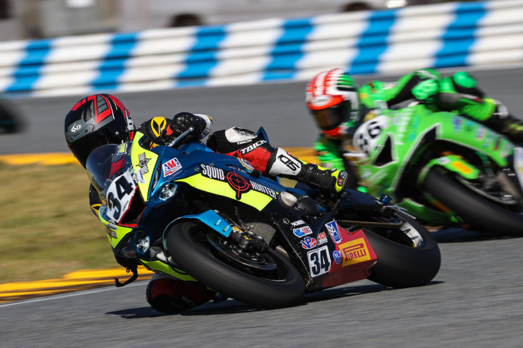 Michael Barnes (34) leads Jason Farrell (86) early in the Daytona 200. Photo by Brian J. Nelson, courtesy Pirelli.