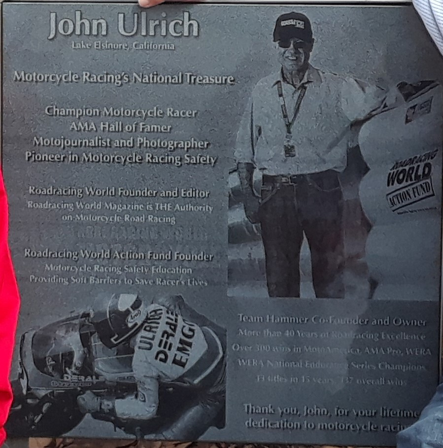 A close-up of John Ulrich's Daytona 200 Monument plaque. Photo courtesy Roger Lyle.