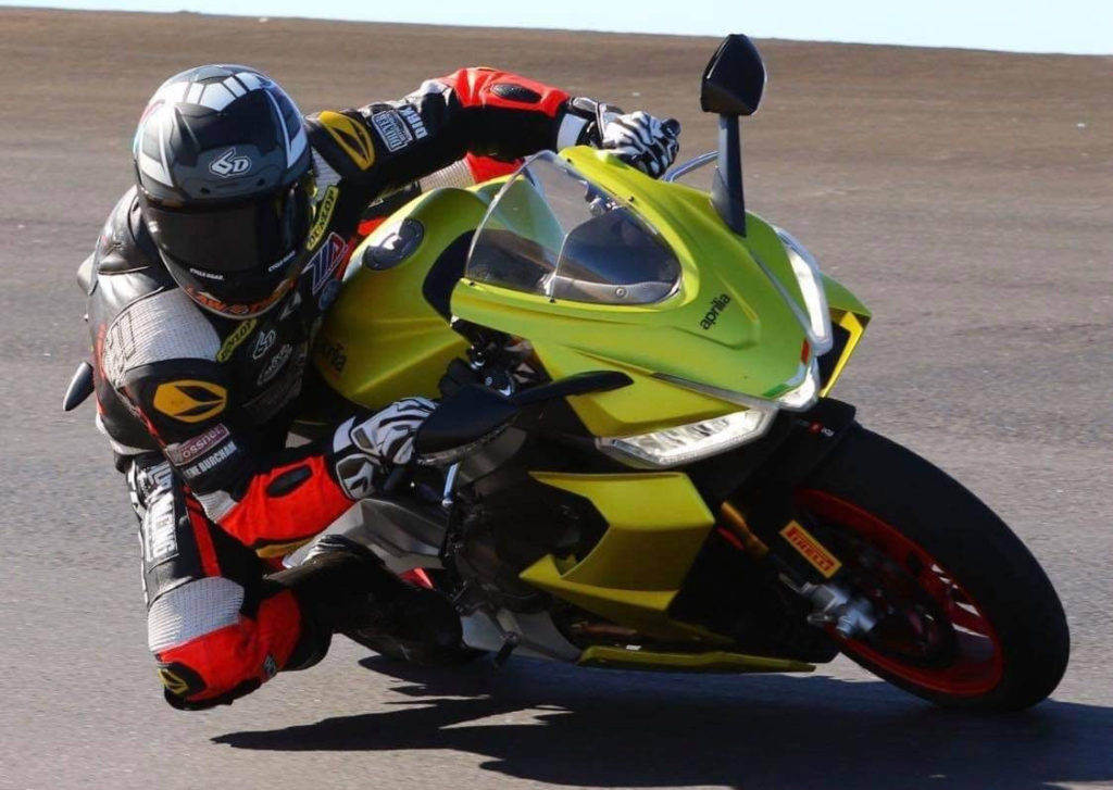 Hayden Schultz testing on a new Aprilia RS 660 streetbike. Photo by CaliPhotography, courtesy Robem Engineering.