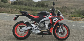 The right side of a 2021 Aprilia Tuono 660. Photo by Michael Gougis.