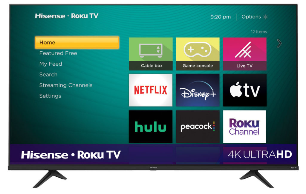 A Hisense Roku 4K smart TV showing the home screen and a menu and available streaming services, like Netflix. Photo courtesy Hisense.