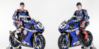 GRT Yamaha riders Garrett Gerloff (left), Kohta Nozane (right), and their YZF-R1 Superbikes in their 2021 colors. Photo courtesy Yamaha Racing.