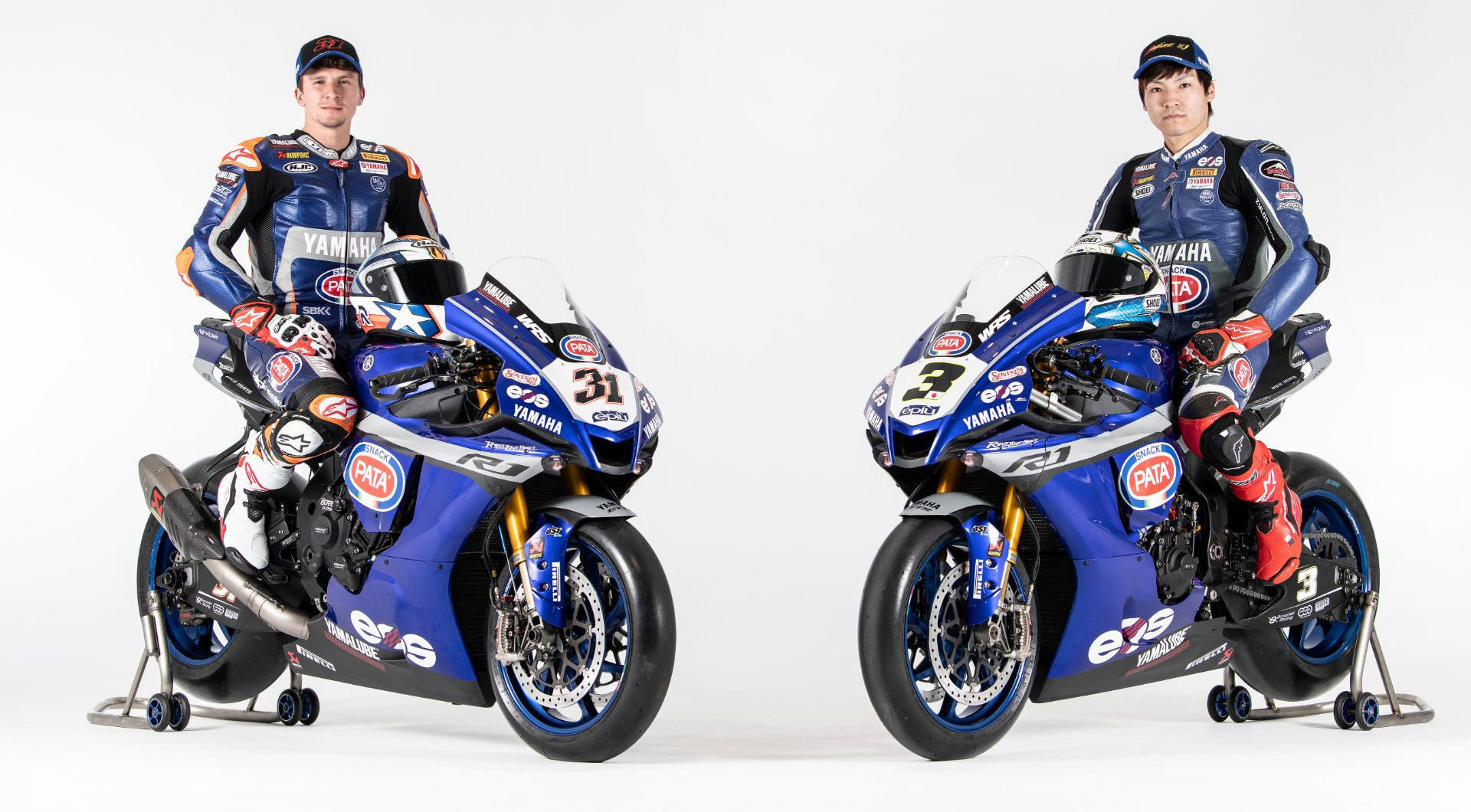 GRT Yamaha riders Garrett Gerloff (left), Kohta Nozane (right), and their YZF-R1 Superbikes in their 2021 colors. Photo courtesy Yamaha Racing.