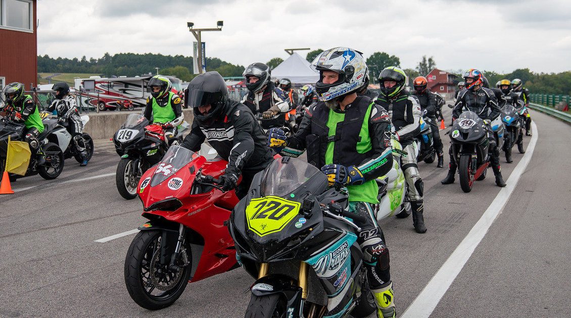 Riders lined up for an Evolve GT track day session at VIRginia International Raceway. Photo by Mark Lienhard, courtesy Evolve GT.