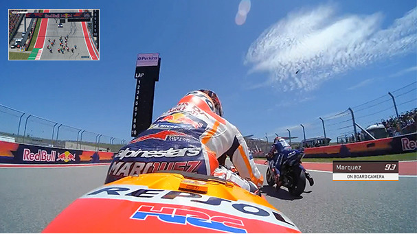 A screenshot of coverage of a MotoGP race with a picture-in-picture replay of the start. Photo courtesy Dorna.