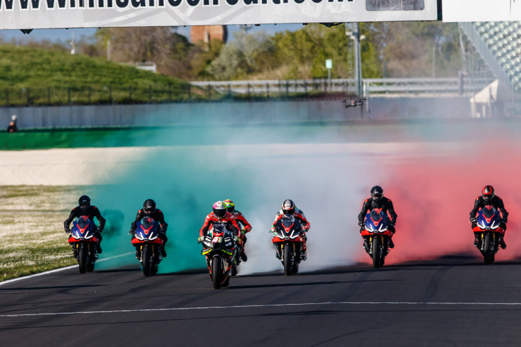 Aprilia All Stars on track at Misano World Circuit. Photo courtesy Aprilia.