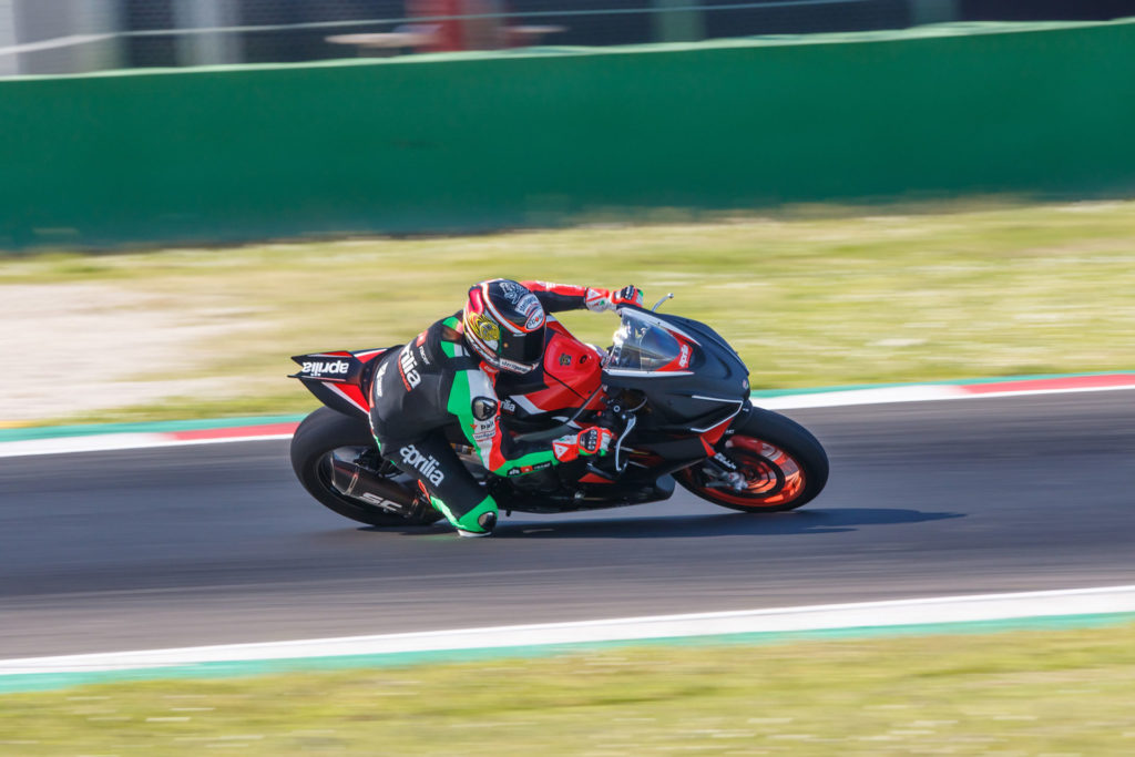 Max Biaggi riding an Aprilia RS 660 Trophy spec racebike at Misano. Photo courtesy Aprilia.