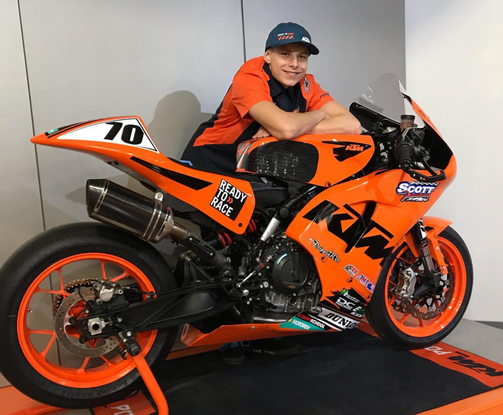 Tyler Scott with his KTM 790 Duke road race bike. Photo by Mike Scott.