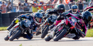 Rossi Moor (92) leads Travis Horn (12) and Jesse James Shedden (9) during a MotoAmerica Mini Cup by Motul race in 2020. Photo courtesy Dorna.