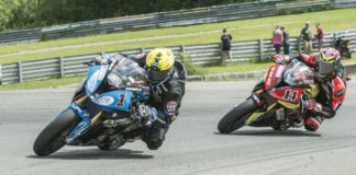 Jordan Szoke (1) leading Samuel Trepanier (14) during a Canadian Superbike race at Atlantic Motorsport Park in 2018. Photo courtesy BMW.