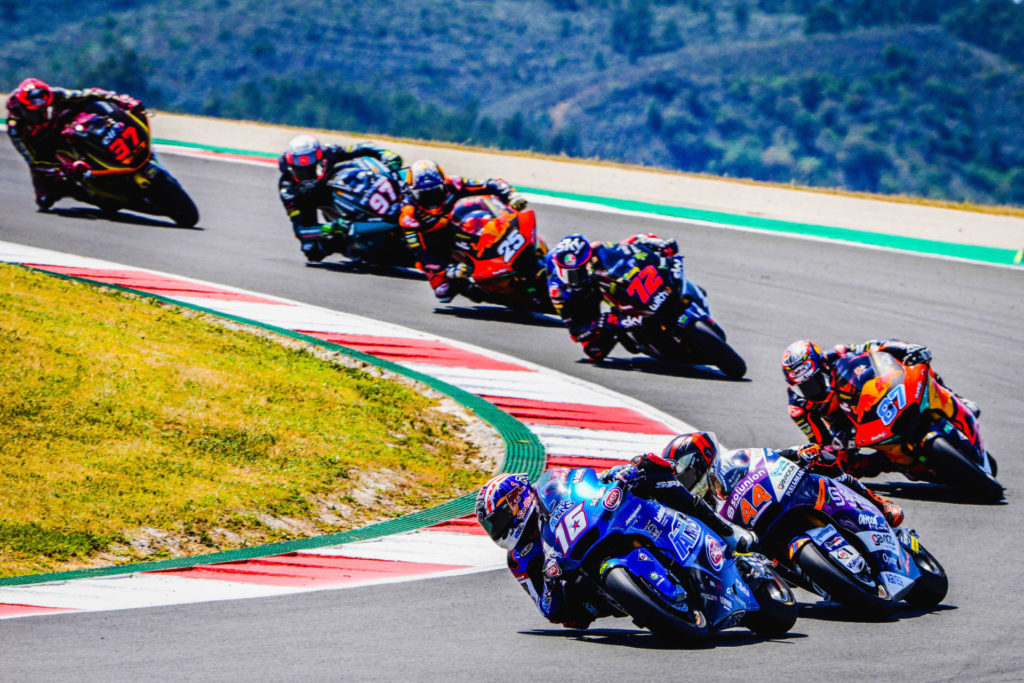 American Joe Roberts (16) leading the Moto2 race in Portugal. Photo courtesy Italtrans Racing Team.