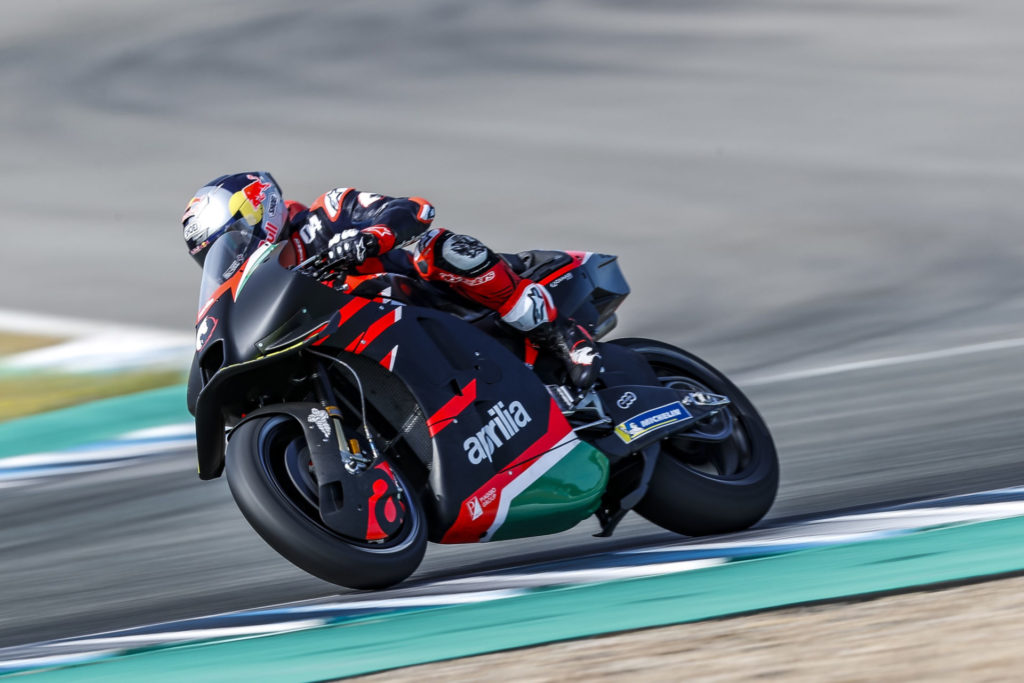 Andrea Dovizioso on an Aprilia RS-GP at Jerez. Photo courtesy Aprilia Racing.