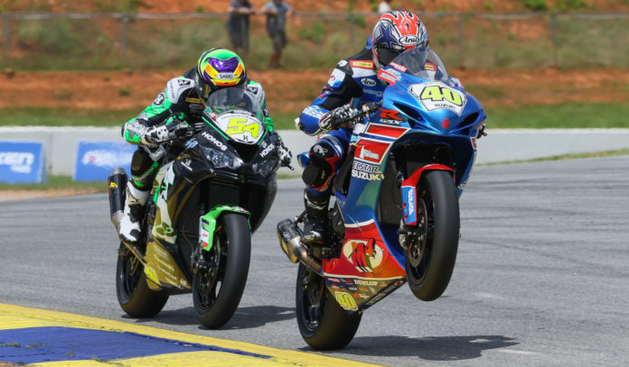 Sean Dylan Kelly (40) and Richie Escalante (54) battling for the lead in a MotoAmerica Supersport race at Road Atlanta in 2020. Photo by Brian J. Nelson, courtesy MotoAmerica. Sean Dylan Kelly (40) and Richie Escalante (54) battling for the lead in a MotoAmerica Supersport race at Road Atlanta in 2020. Photo by Brian J. Nelson, courtesy MotoAmerica.