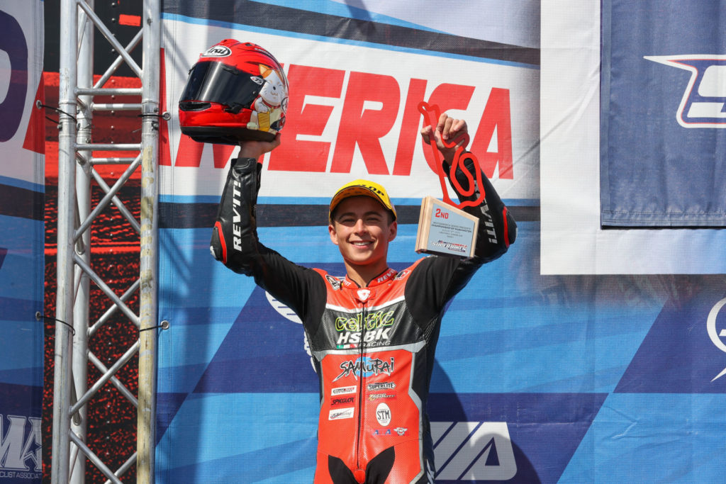 Sam Lochoff on the MotoAmerica Junior Cup podium in 2020. Photo by Brian J. Nelson.