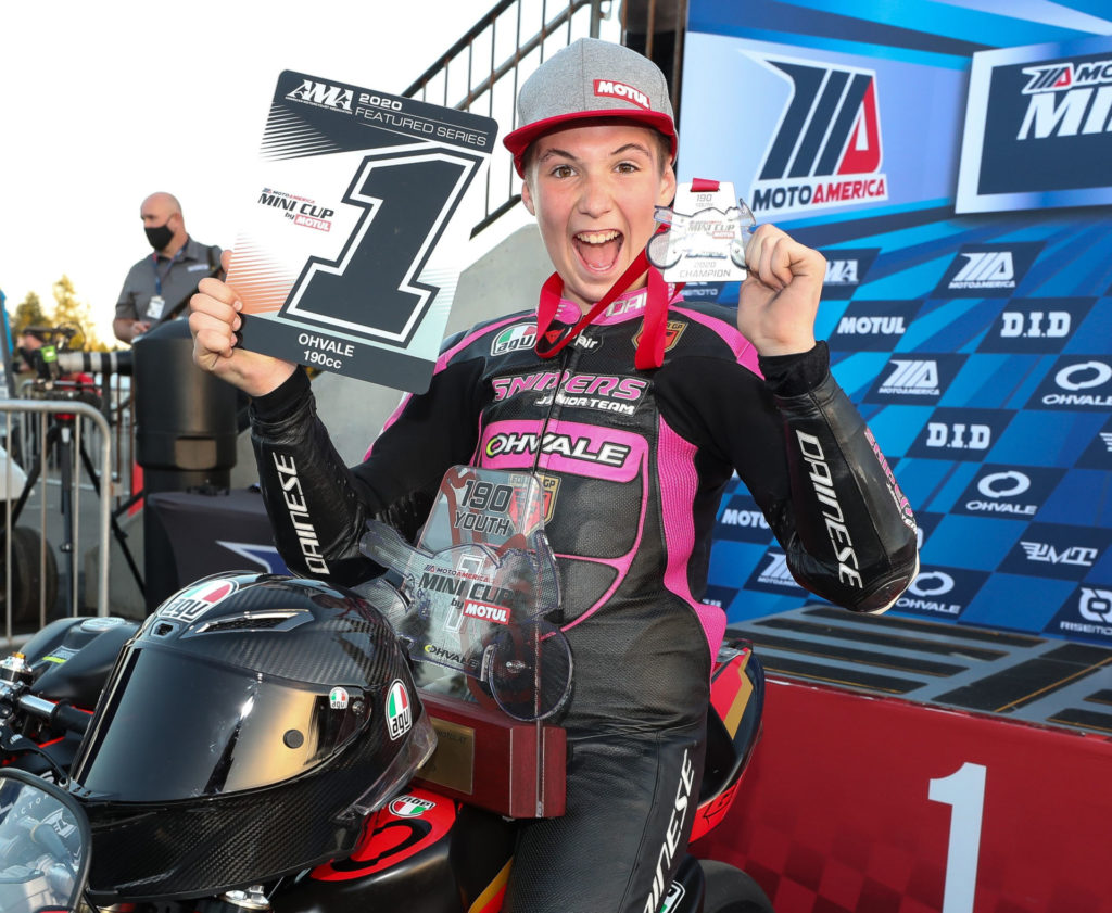 Rossi Moor, after winning the 2020 MotoAmerica Mini Cup 190 Championship. Photo by Brian J. Nelson.