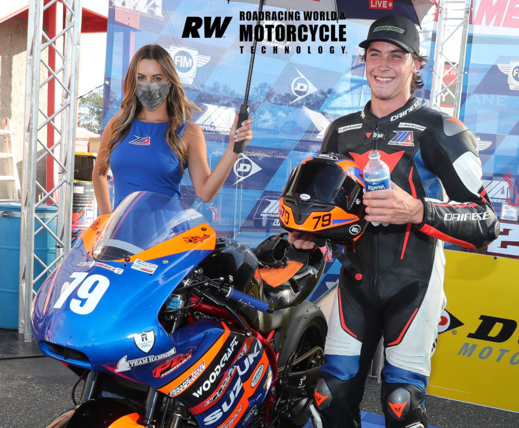 Teagg Hobbs on the MotoAmerica Twins Cup podium at New Jersey Motorsports Park. Photo by Brian J. Nelson.