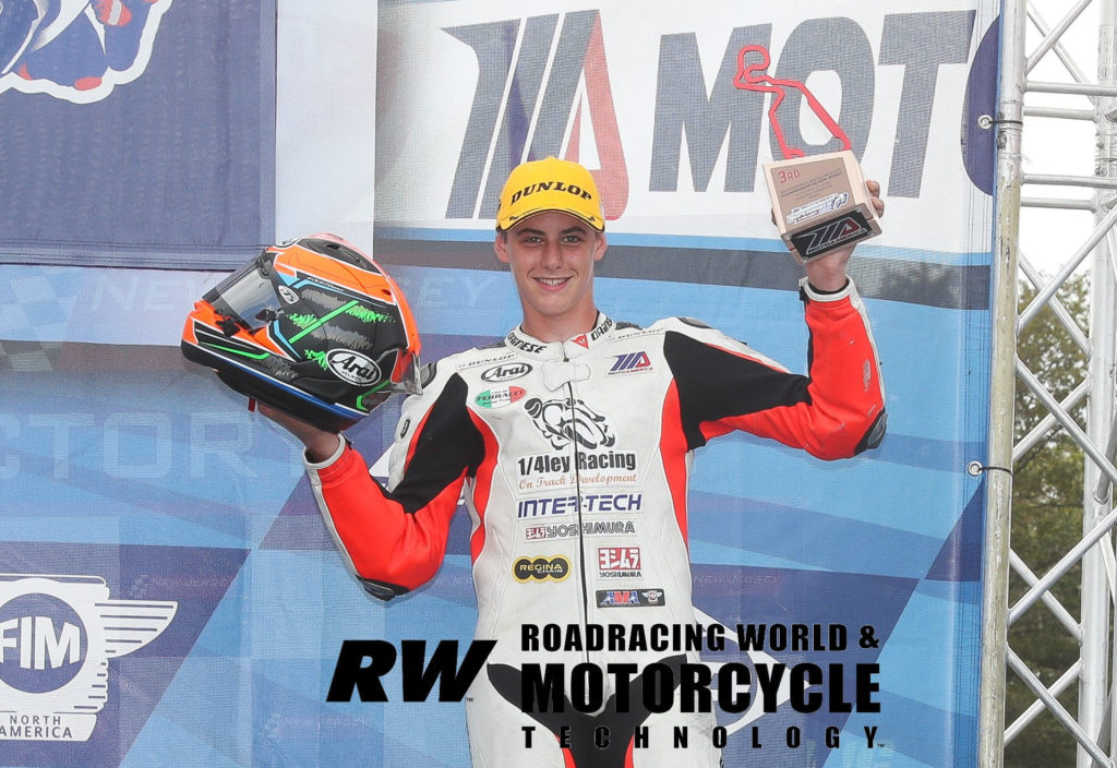 Ben Gloddy on the MotoAmerica Junior Cup podium. Photo by Brian J. Nelson.