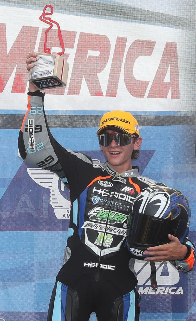 Joseph LiMandri Jr. on the MotoAmerica Junior Cup podium at NJMP. Photo by Brian J. Nelson.