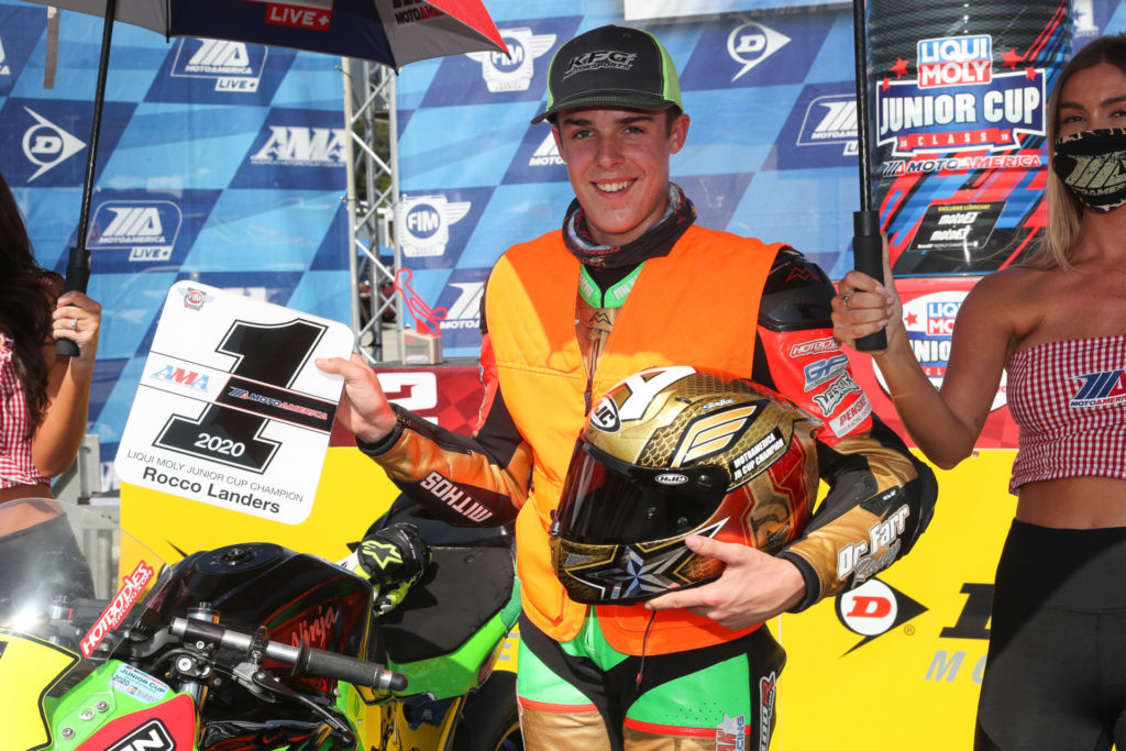 Rocco Landers with his 2020 MotoAmerica Junior Cup #1 plate. Photo by Brian J. Nelson.