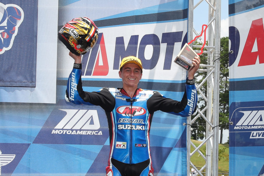 Alex Dumas on the MotoAmerica Stock 1000 podium at Road Atlanta in 2020. Photo by Brian J. Nelson.