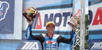 Alex Dumas on the MotoAmerica Stock 1000 podium at Road Atlanta in 2020. Photo by Brian J. Nelson.