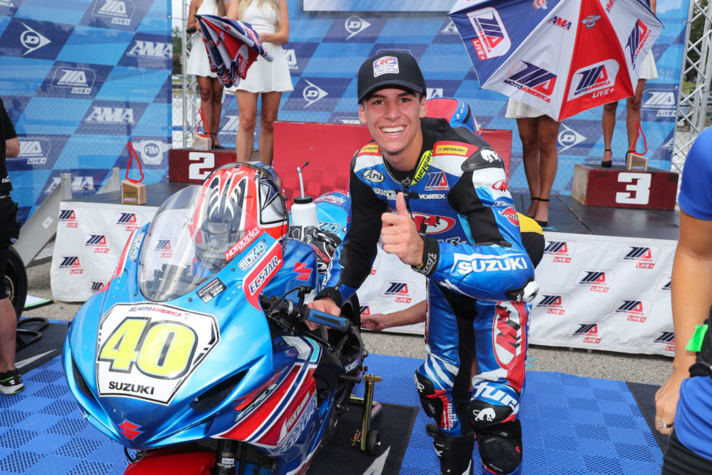 Sean Dylan Kelly, after winning a MotoAmerica Supersport race at Road Atlanta in 2020. Photo by Brian J. Nelson.