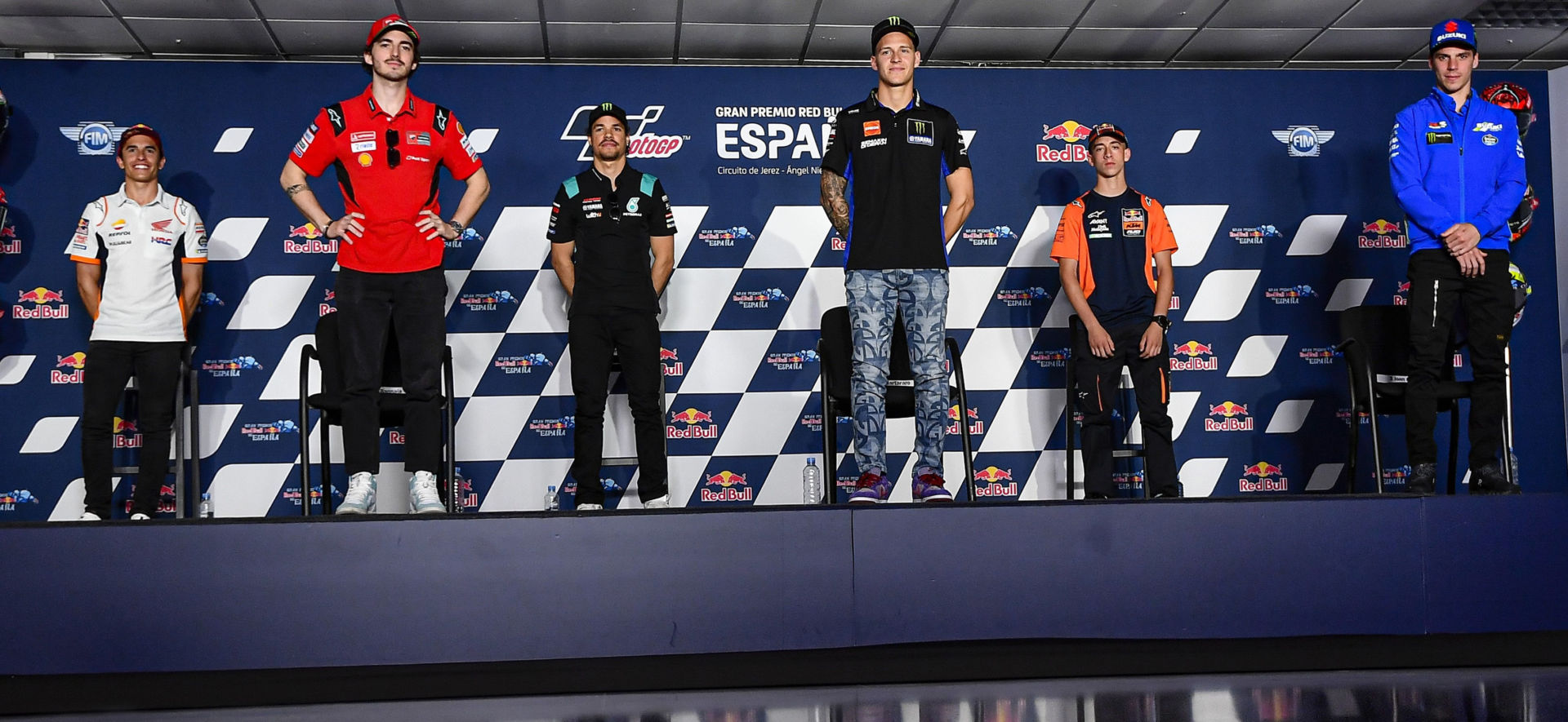 (From left) Marc Marquez, Francesco Bagnaia, Franco Morbidelli, Fabio Quartararo, Pedro Acosta, and Joan Mir at the pre-event press conference at Jerez. Photo courtesy Dorna.