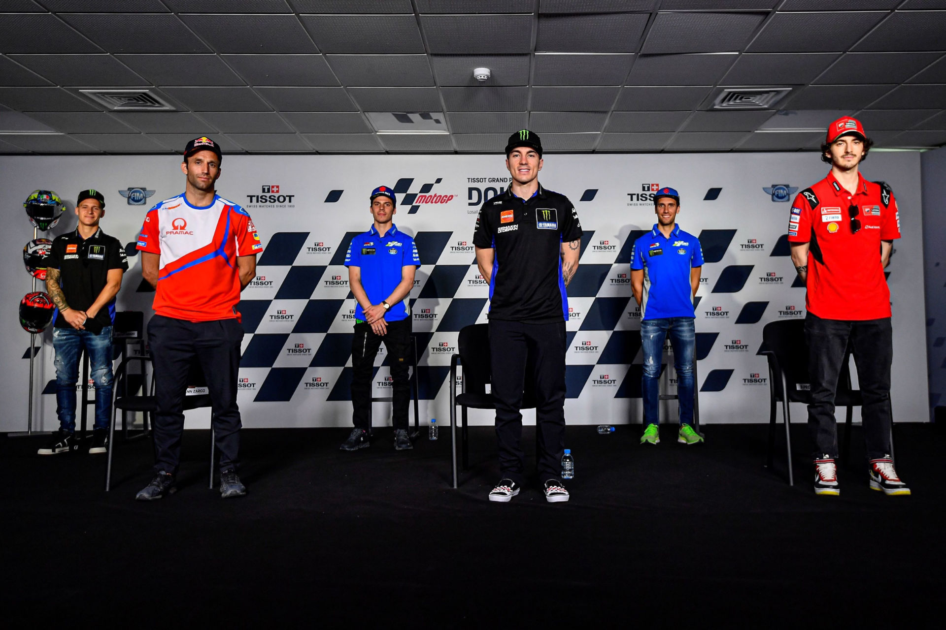 MotoGP riders (from left) Fabio Quartararo, Johann Zarco, Joan Mir, Maverick Vinales, Alex Rins, and Francesco Bagnaia. Photo courtesy Dorna.