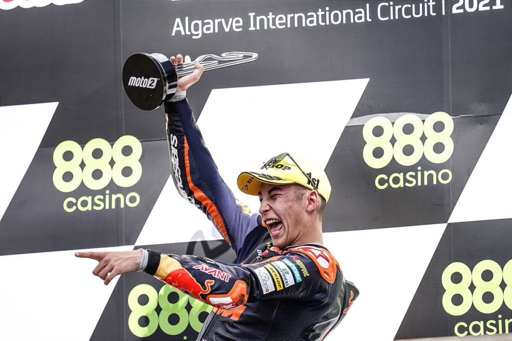 Raul Fernandez on the Moto2 podium in Portugal. Photo by Polarity Photo, courtesy KTM.