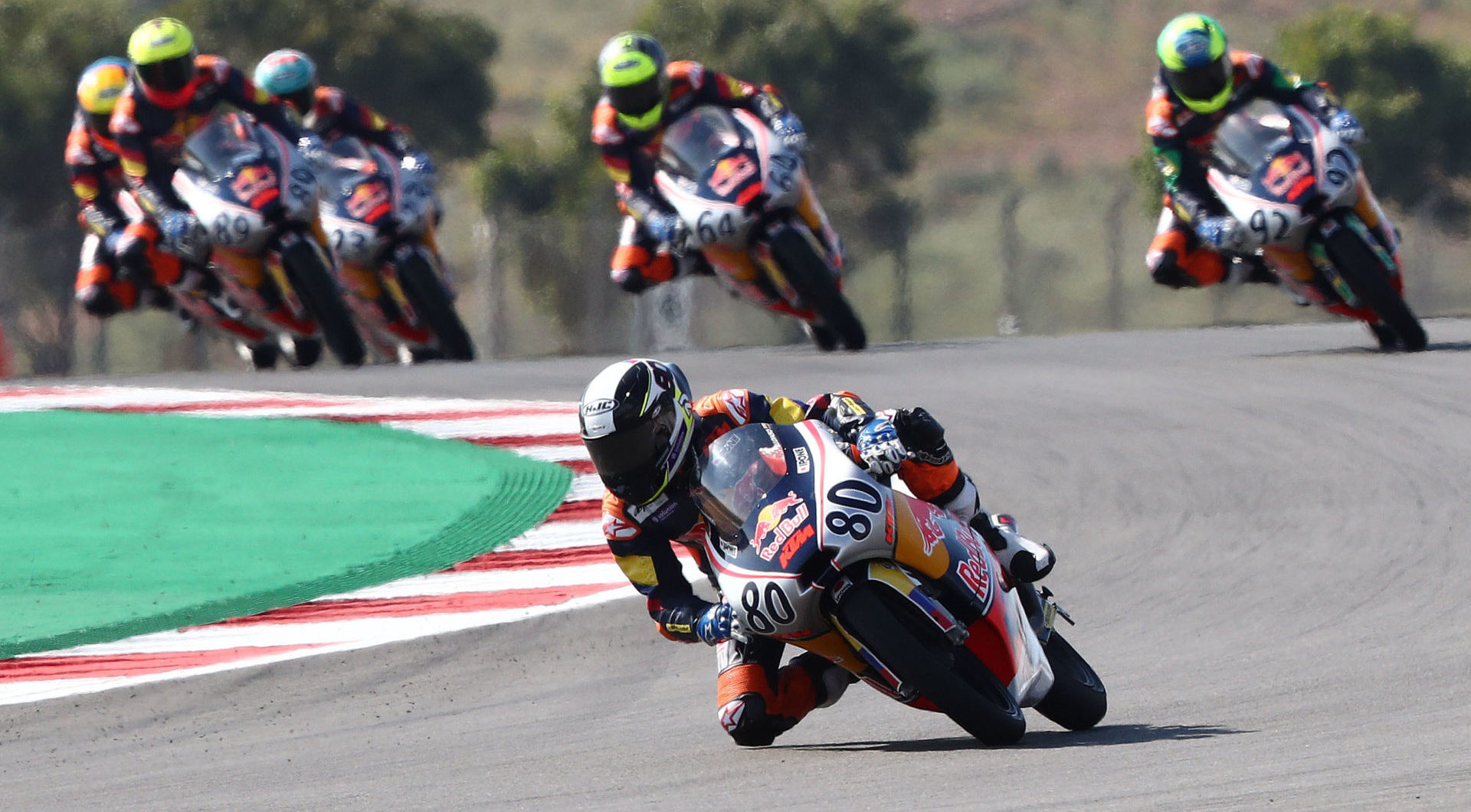 David Alonso (80) leads Red Bull MotoGP Rookies Cup Race One in Portugal. Photo courtesy Red Bull.