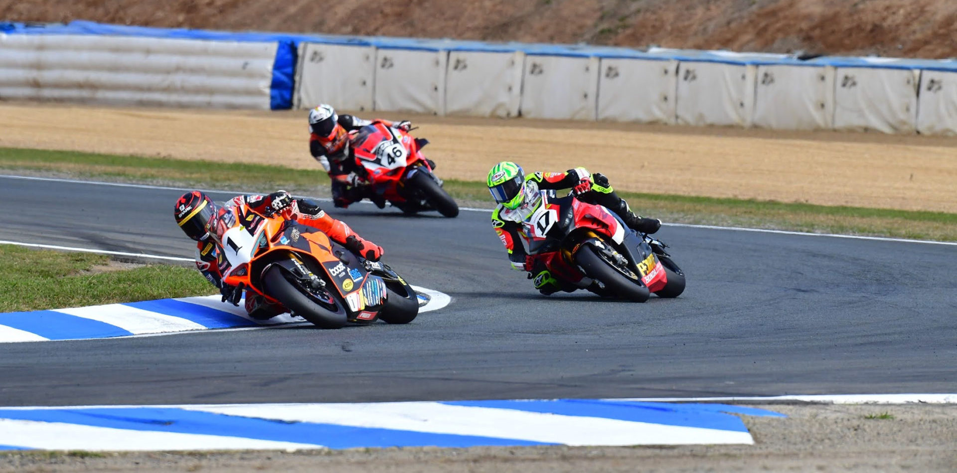 Wayne Maxwell (1) leads Troy Herfoss (17) and Mike Jones (46) at Wakefield Park. Photo by Optikal Photography, courtesy ASBK.