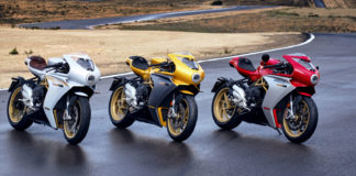 A 2021-model MV Agusta Superveloce S (left) next to a pair of standard 2021 MV Agusta Superveloces. Photo courtesy MV Agusta.