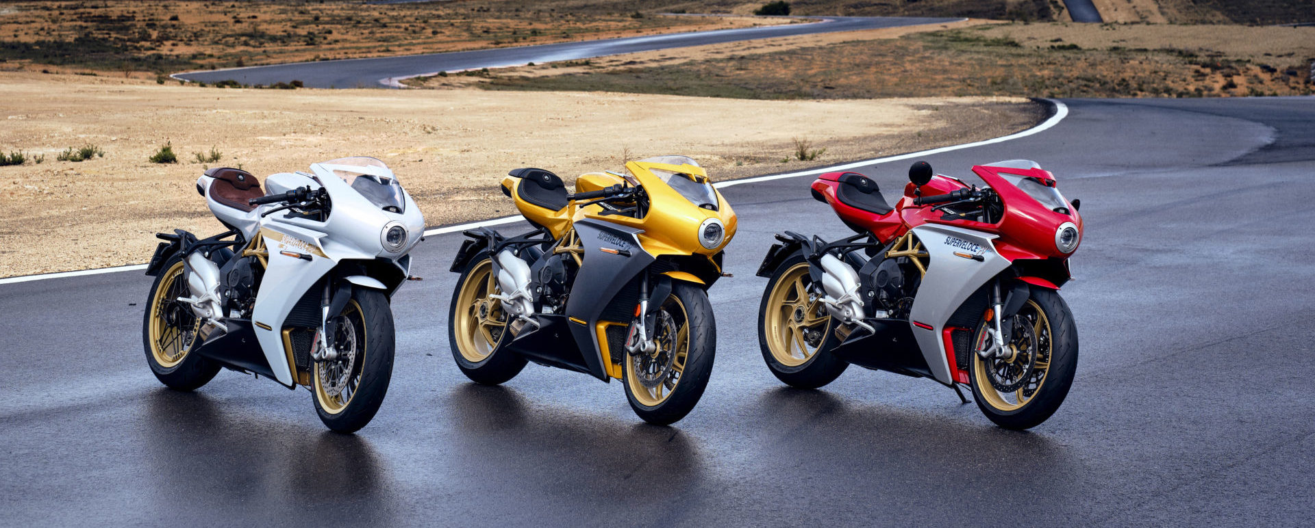 A 2021-model MV Agusta Superveloce S (left) next to a pair of standard 2021 MV Agusta Superveloces. Photo courtesy MV Agusta.