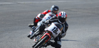 Gabriel Droetti (18R) leading another AHRMA rider during a 200GP race at Willow Springs International Raceway. Photo by etechphoto.com, courtesy AHRMA.