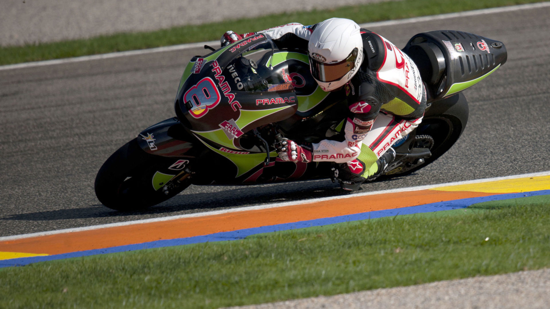 Hector Barbera (8) testing a Pramac Racing Ducati Desmosedici MotoGP bike at Valencia in 2011. Photo courtesy Pramac Racing.