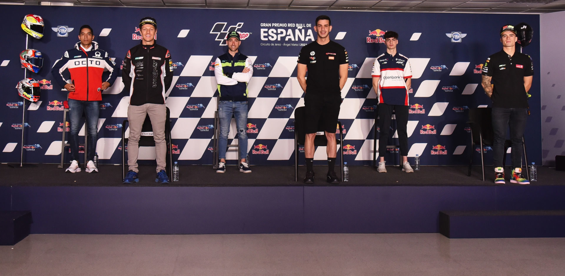 FIM MotoE World Cup riders (from left) Yonny Hernandez, Dominique Aegerter, Matteo Ferrari, Jordi Torres, Fermin Aldeguer, and Eric Granado. Photo courtesy Dorna.