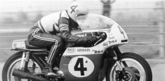 Dick Mann (4) at speed on his BSA road racer. Photo courtesy AMA Motorcycle Hall of Fame Museum.