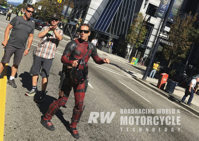 Ready For Action: Tom McComas suited up on location for Deadpool 2. Ready For Action: Tom McComas suited up on location for Deadpool 2.