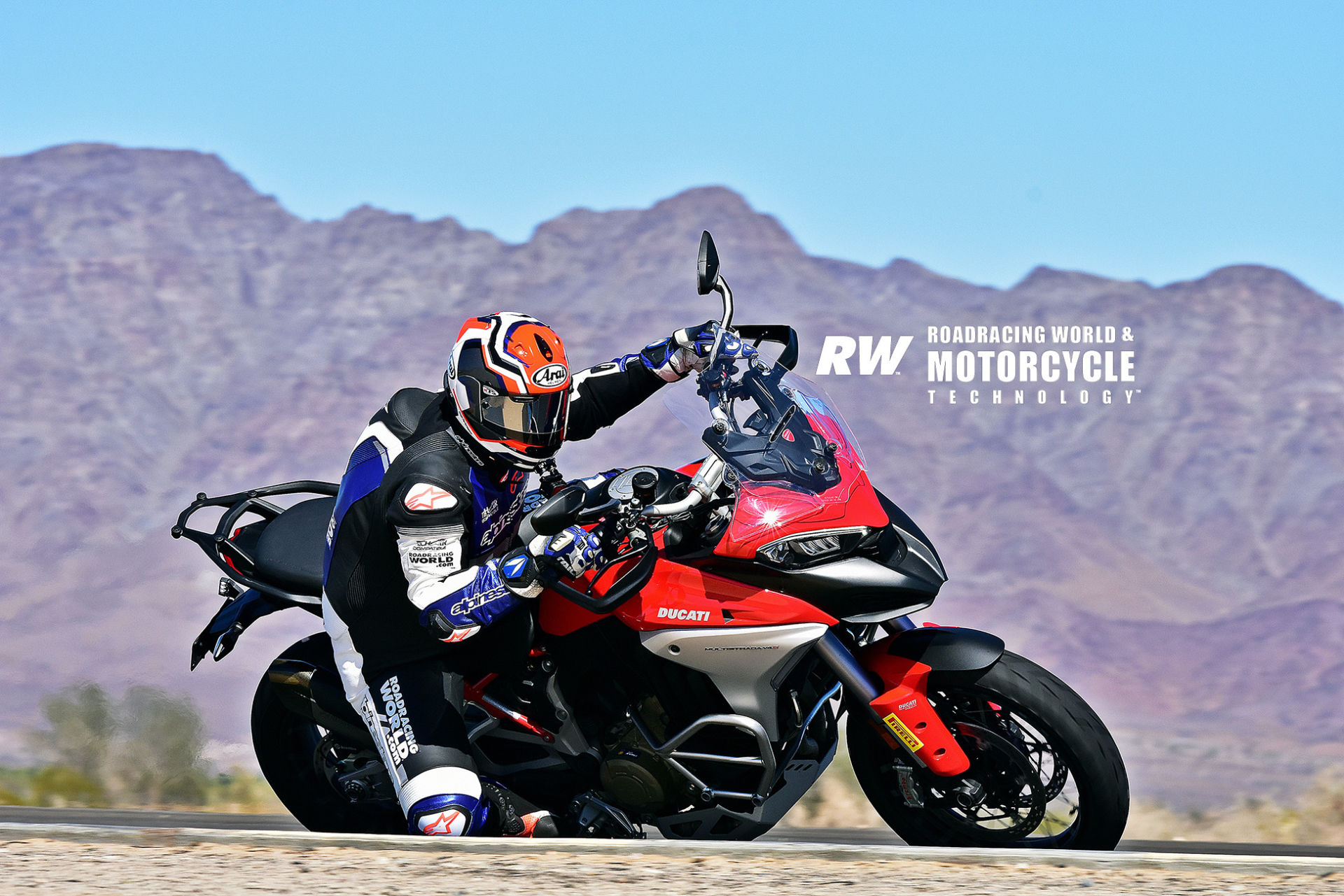 Chris Ulrich rails the Ducati Multistrada on the Chuckwalla Valley Raceway road course, on stock on/off-road tires. Photo by Michael Gougis.