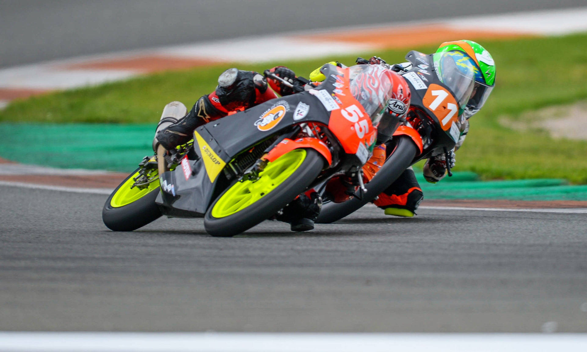 American Mikey Lou Sanchez (55) fights for position with Oliver Cantos Llorca (11) at Valencia. Photo courtesy Sanchez Racing.