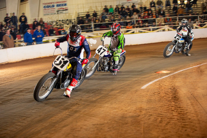 AHRMA dirt track racers in action at the Celebration Arena, in Priceville, Alabama. Photo by Kevin McIntosh, courtesy AHRMA.