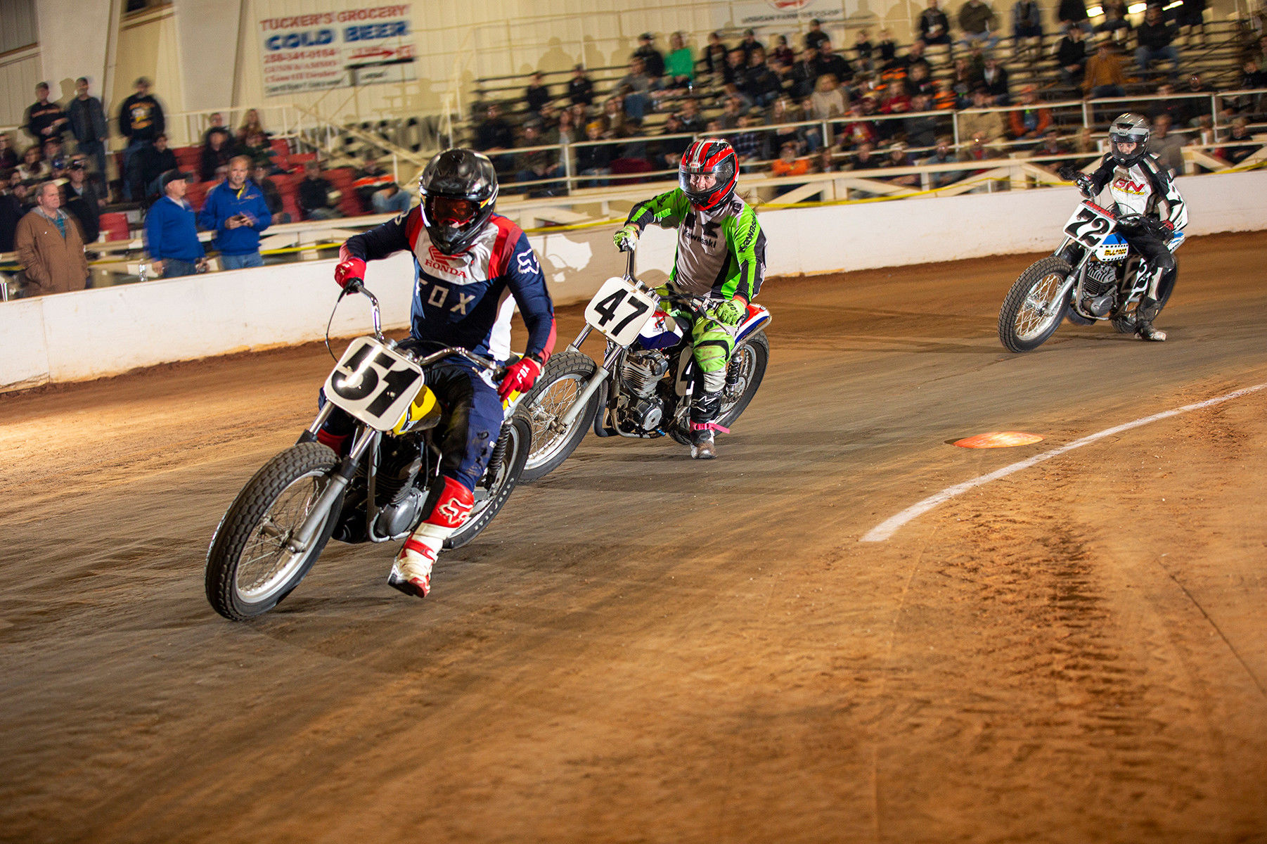 AHRMA dirt track racers in action at the Celebration Arena, in Priceville, Alabama. Photo by Kevin McIntosh, courtesy AHRMA.