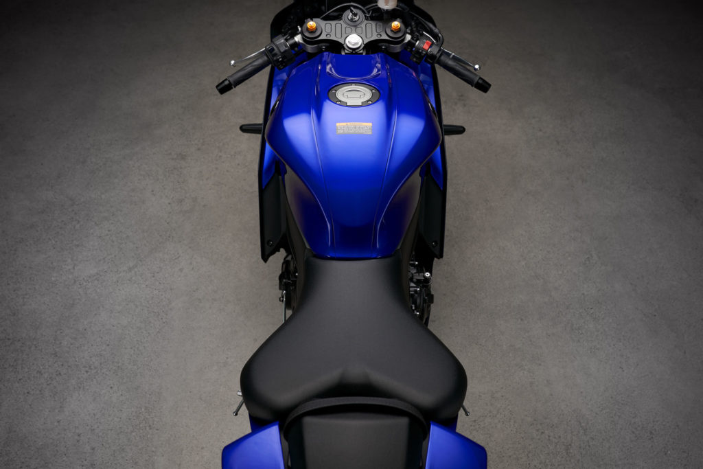 The narrow cockpit of the 2022-model Yamaha YZF-R7. Photo courtesy Yamaha.