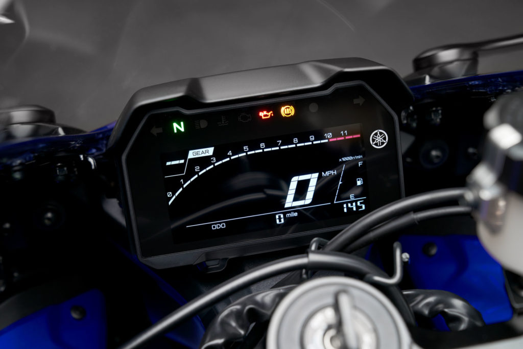 The 2022-model Yamaha YZF-R7 features a new LCD dashboard. Photo courtesy Yamaha.