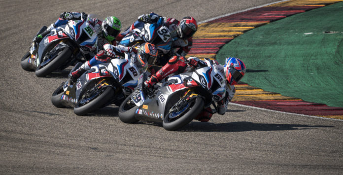 BMW riders Tom Sykes (66), Michael van der Mark (60), Eugene Laverty (50), and Jonas Folger (94). Photo courtesy BMW Motorrad Motorsport. BMW riders Tom Sykes (66), Michael van der Mark (60), Eugene Laverty (50), and Jonas Folger (94). Photo courtesy BMW Motorrad Motorsport.