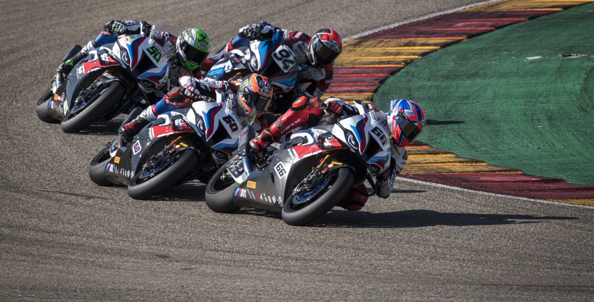 BMW riders Tom Sykes (66), Michael van der Mark (60), Eugene Laverty (50), and Jonas Folger (94). Photo courtesy BMW Motorrad Motorsport.